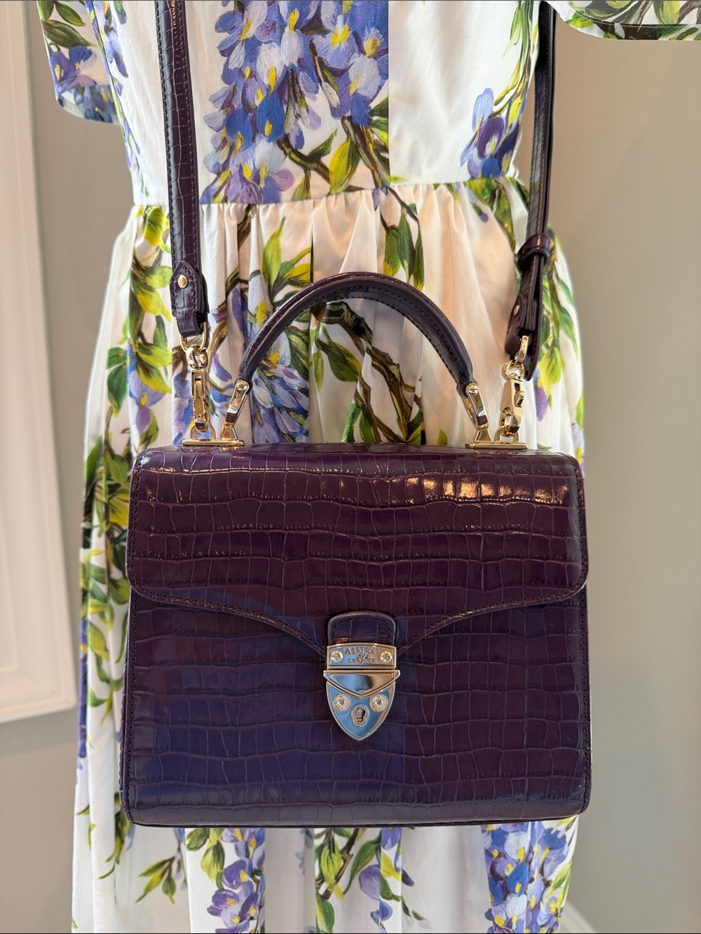 Aspinal of London Purple Midi Croc-Embossed Leather Top-Handle Bag with Strap